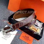 Perfect Replica Brown Crocodile Leather Belt With Frosted Face Stainless Steel Buckle
